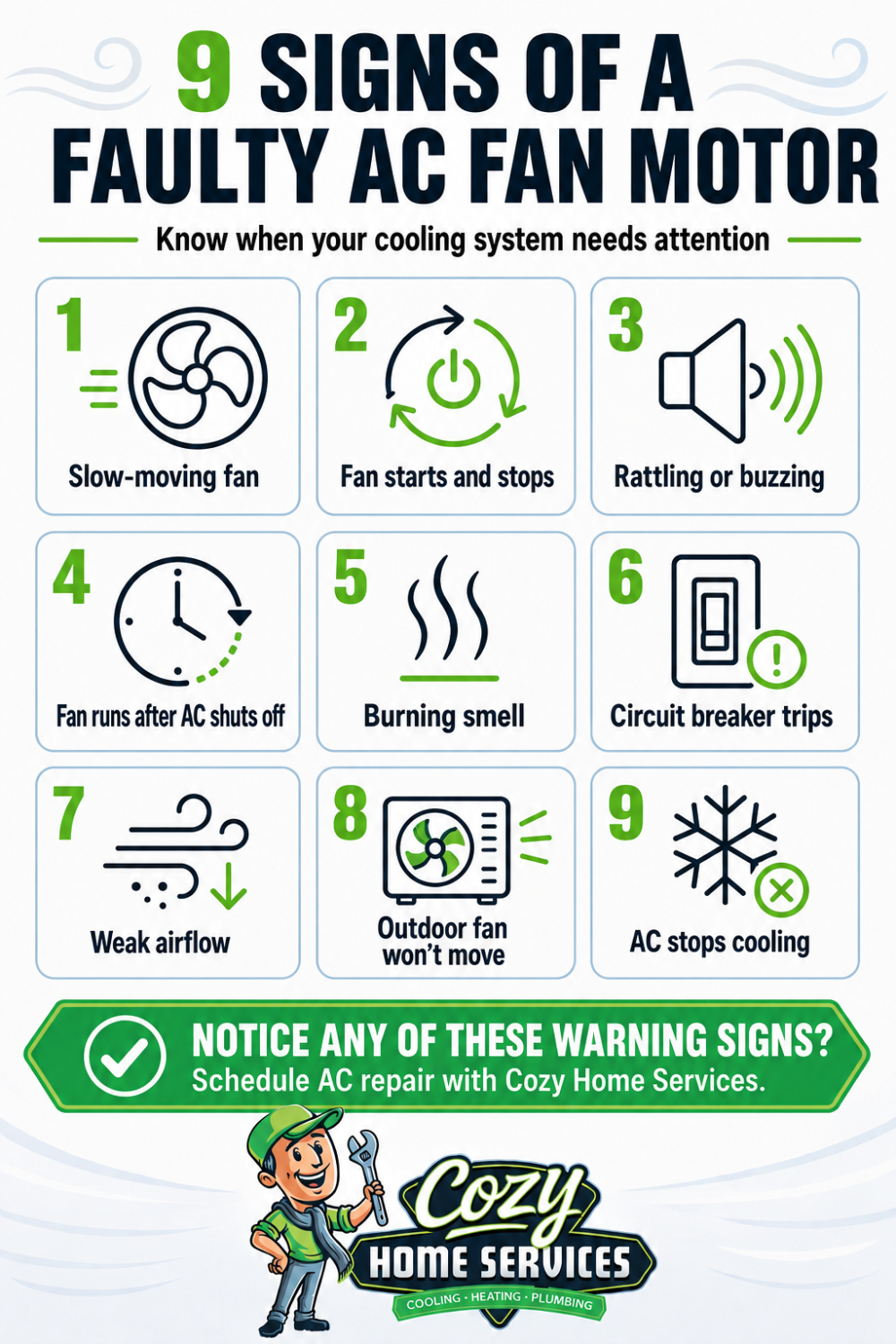 Infographic listing 9 signs of a faulty AC fan motor, such as weak airflow and buzzing, with Cozy Home Services branding and an AC repair service prompt at the bottom.