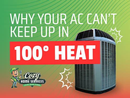 A large air conditioning unit next to bold text: "Why your AC can't keep up in 100°F heat," highlighting common air conditioning problems, with the Cozy Home Services logo in the lower left corner.