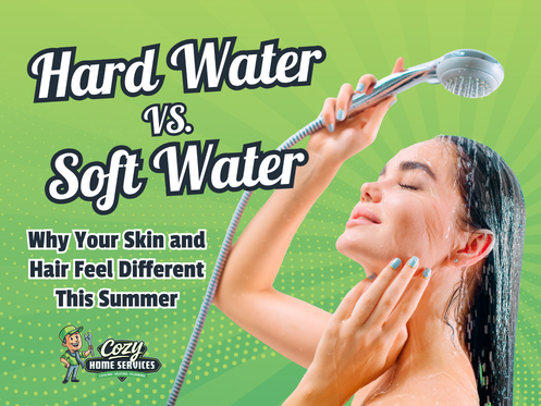 Woman showering with handheld showerhead; text reads "Hard Water vs. Soft Water: How They Affect Your Skin and Hair This Summer," with Cozy Home Services logo in the corner.