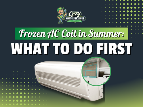 A graphic for Cozy Home Services highlights a frozen AC coil, with the text, "Summer Problem: Frozen AC Coil – What to Do First.