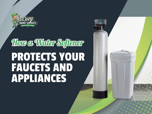 A water softener system is displayed next to a white appliance, with text explaining how it protects faucets and appliances from hard water damage.