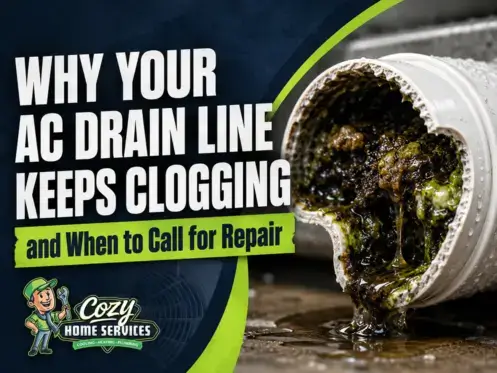 A clogged AC drain line covered in mold and debris sits beside text explaining common causes of clogging and when to call for repair, all branded with the Cozy Home Services logo.