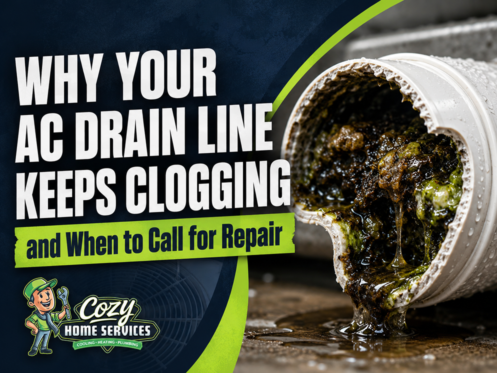 Close-up of a clogged AC drain line with text stating, "Why your AC drain line clog keeps happening and when to call for AC repair," and Cozy Home Services logo in the corner.