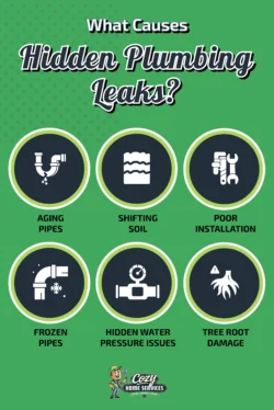 Infographic listing causes of hidden plumbing leaks: aging pipes, shifting soil, poor installation, frozen pipes, hidden water pressure issues, tree root damage, and early warning signs to watch for.