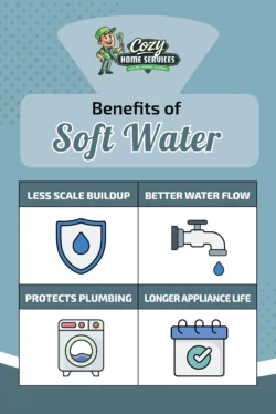 Infographic listing benefits of soft water: less scale buildup, better water flow, protects plumbing and faucets, and longer appliance life with a water softener, featuring icons for each benefit.