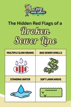 Infographic titled "The Hidden Red Flags of a Broken Sewer Line" highlights signs homeowners miss, with icons and text: multiple slow drains, bad sewer smells, standing water, and soft lawn areas—common clues of a broken sewer pipe.
