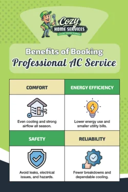 Infographic titled “Benefits of Booking Professional AC Service” highlights comfort, energy efficiency, safety, and reliability as key advantages of scheduling an AC appointment, with brief descriptions and icons.