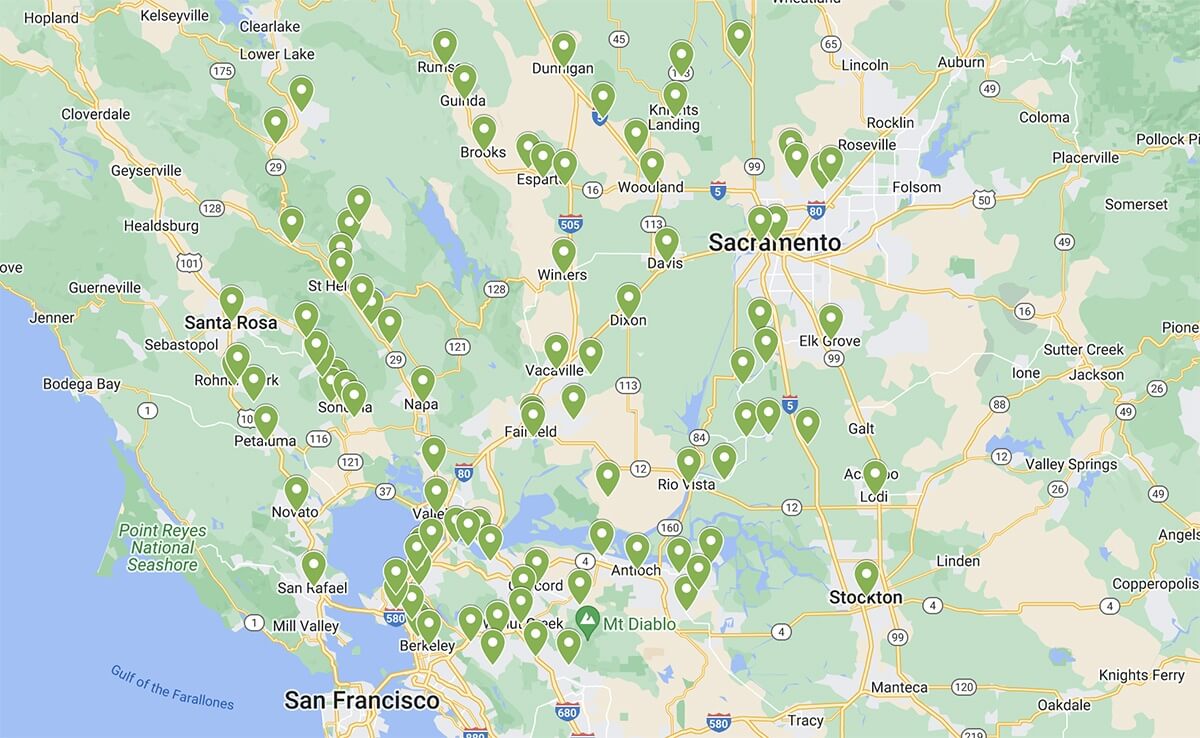 A map of Northern California showing marked plumbing and HVAC locations near San Francisco, Sacramento, Stockton, and surrounding cities—highlighting the areas we serve.
