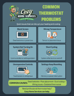 Infographic listing common thermostat issues: blank screen, wrong temperature, system not turning on, short cycling, unresponsive controls, and settings resetting—with thermostat troubleshooting tips for possible causes and solutions.