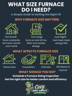 Infographic explaining factors affecting furnace sizing, including home size, insulation, climate, and windows; emphasizes the importance of correct furnace installation and sizing for efficiency and comfort.
